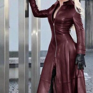 Women’s Faux Leather Zippered Long Sleeve Flared Coat